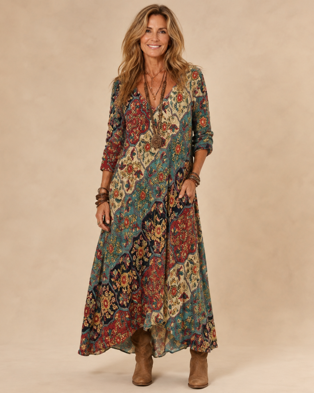 Patchwork Floral Print V-Neck Long Sleeve Boho Maxi Dress 2