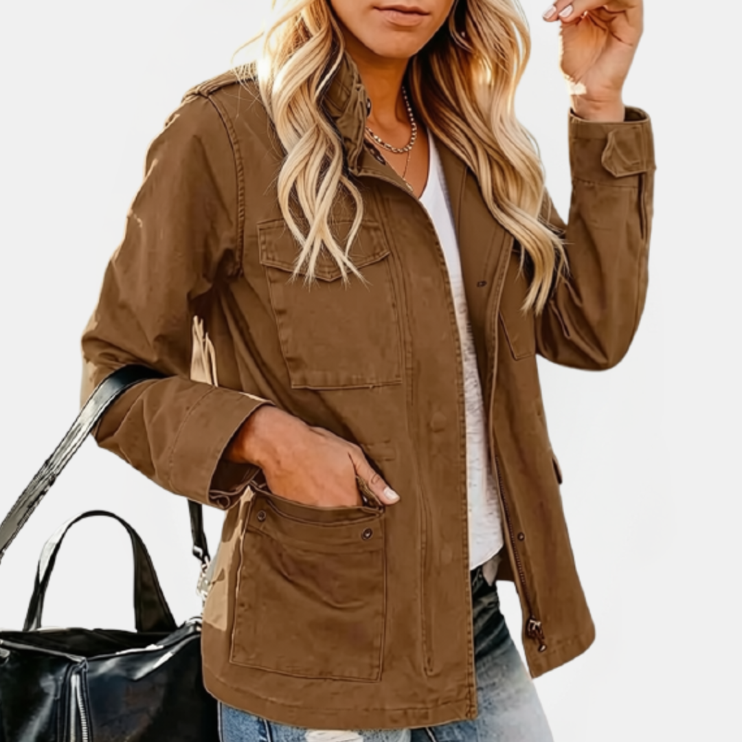 Stand Collar Zip Front Flap Pocket Utility Jacket 7