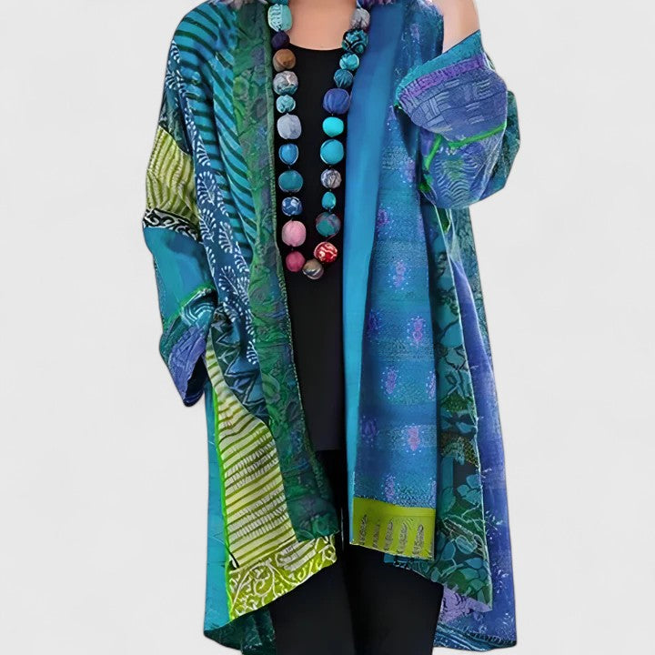Patchwork Print Open Front Longline Cardigan Coat