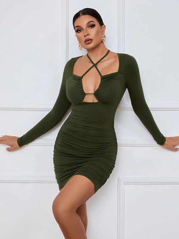 Halter Cross Front Cut Out Ruched Bodycon Mini Dress 6