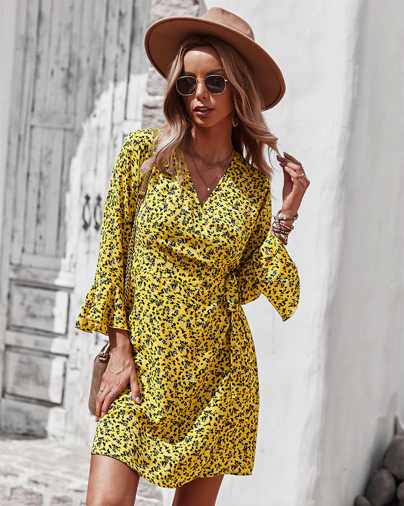 Ditsy Floral V-Neck Long Sleeve Wrap Tie Waist Mini Dress 6