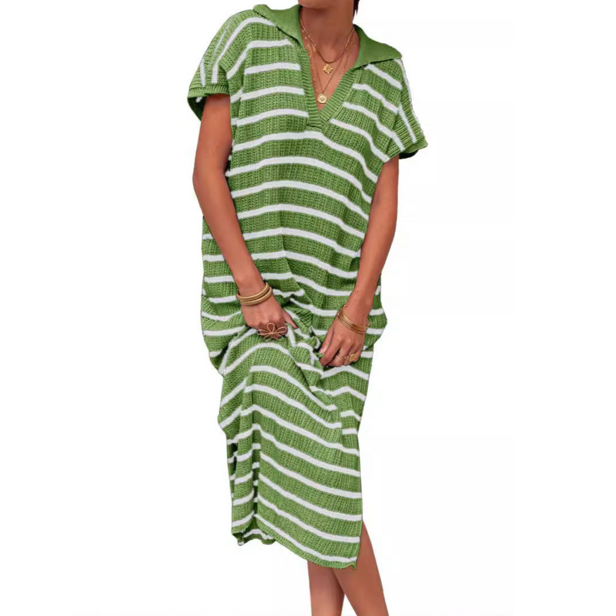 Collared Short Sleeve Striped Knit Maxi Dress