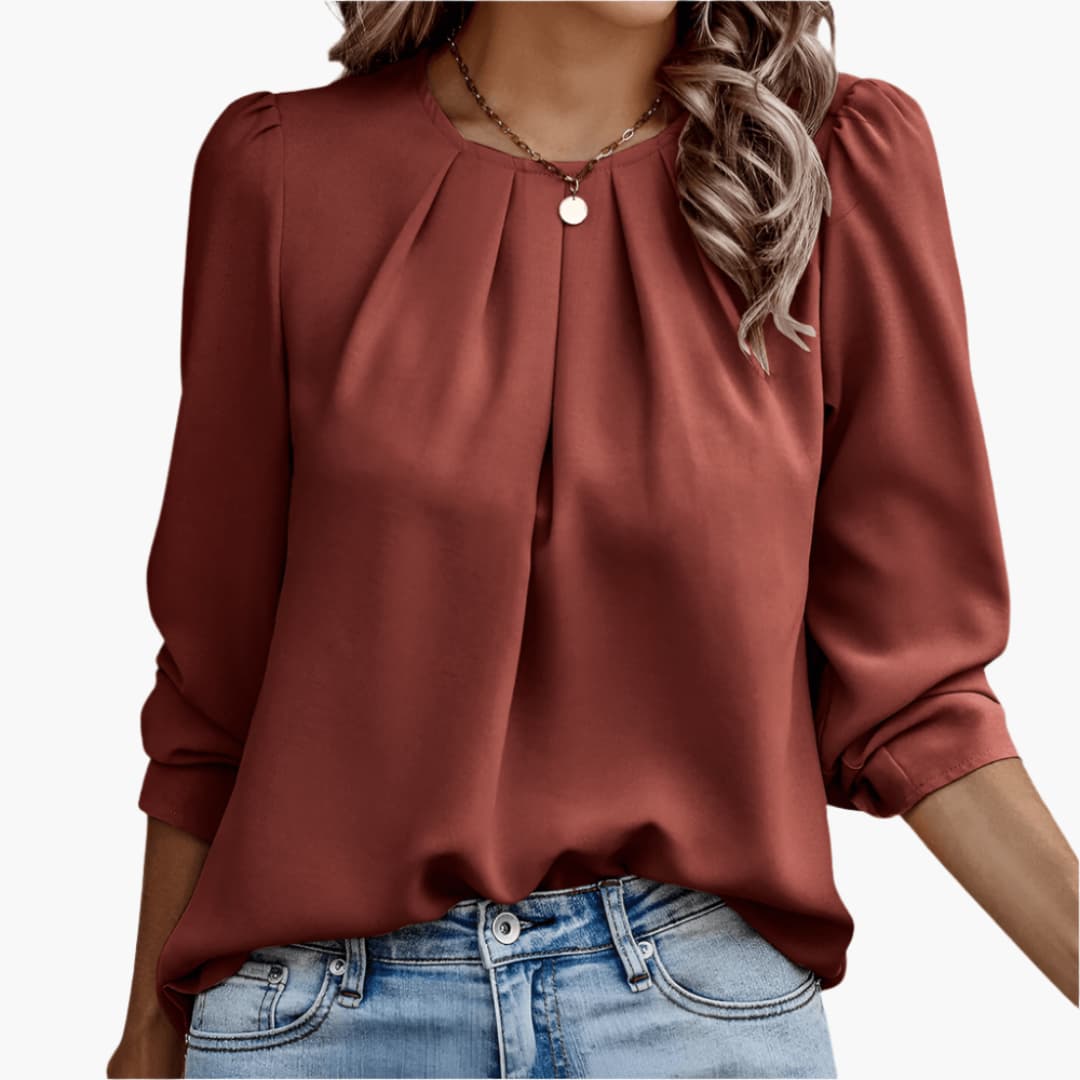 Pleated Round Neck 3/4 Sleeve Blouse 4