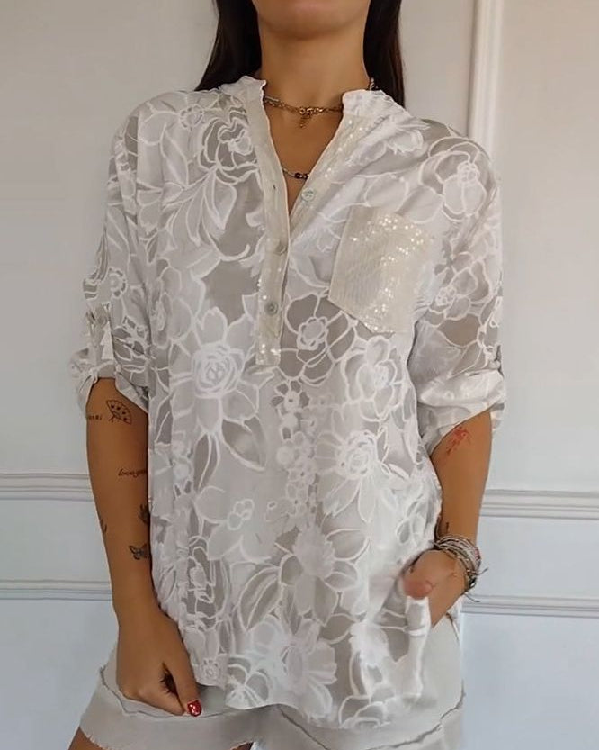 Floral Print Sequin Pocket Notch Neck Long Sleeve Blouse 7