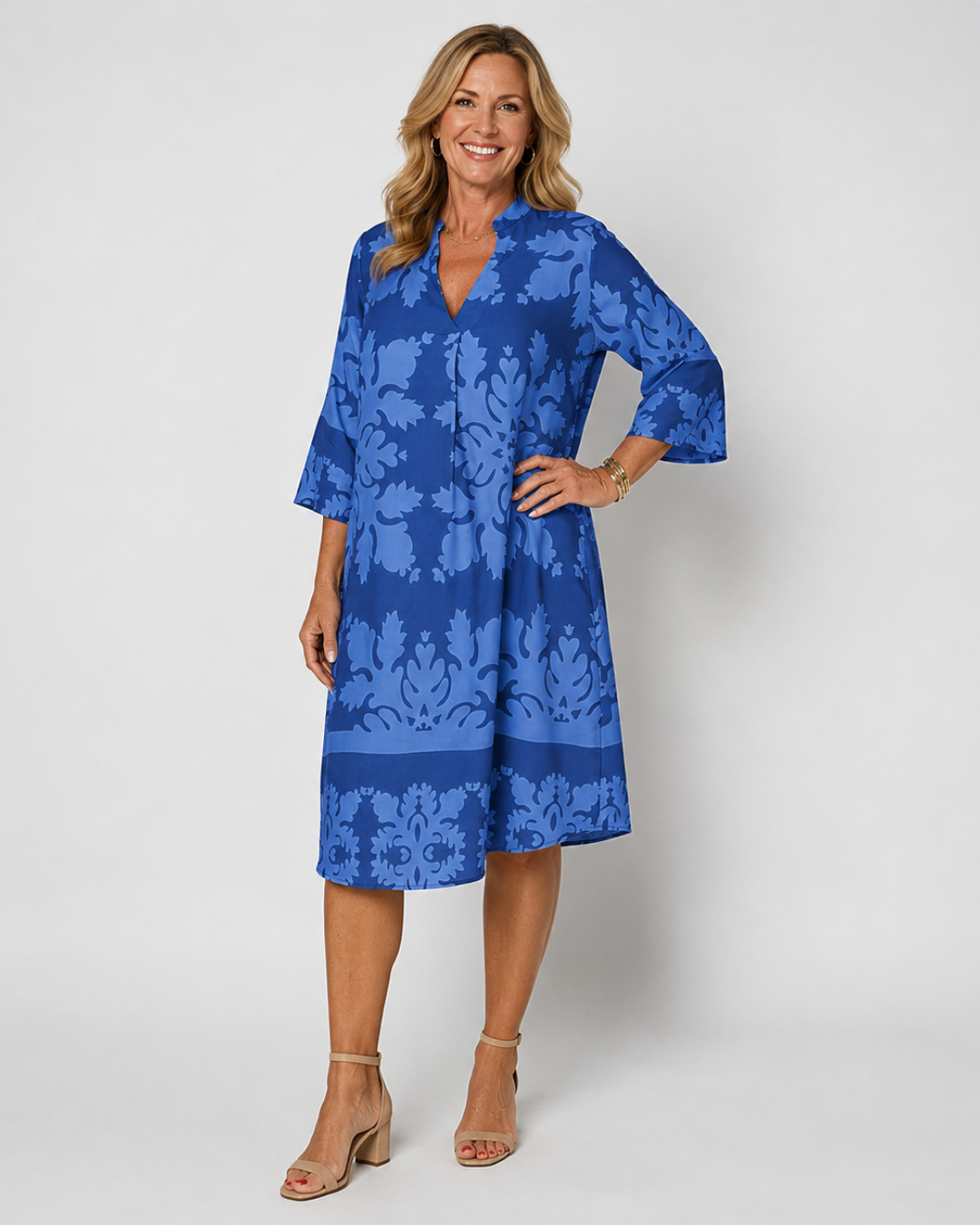 Damask Print Split Neck Three Quarter Sleeve A-Line Dress 2