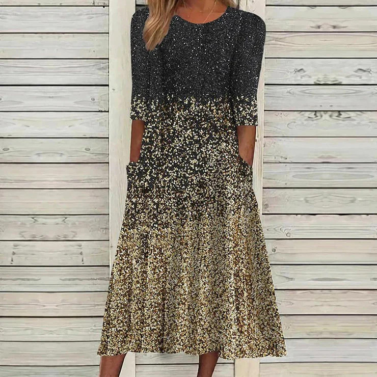 Gradient Print Three Quarter Sleeve Pocket A-Line Midi Dress - View 2