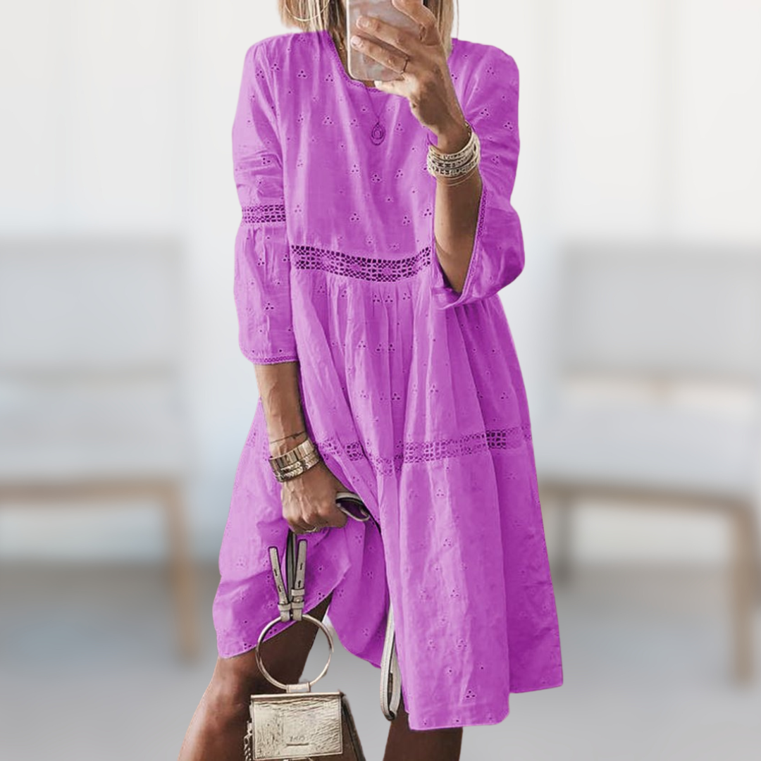Eyelet Embroidered Lace Trim Tiered 3/4 Sleeve Mini Dress