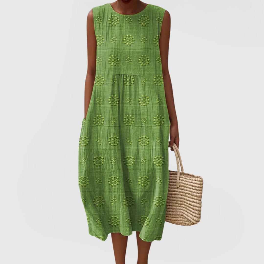 Floral Jacquard Textured Sleeveless Pocket Midi Dress