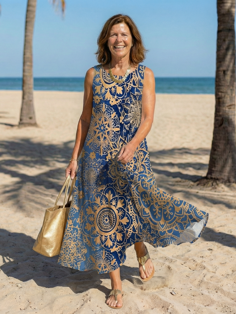 Round Neck Sleeveless Mandala Print Maxi Dress