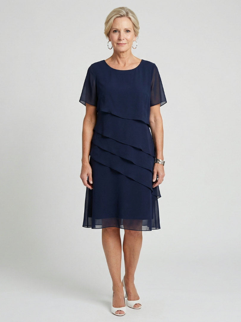 Round Neck Short Sleeve Tiered Knee Length Dress