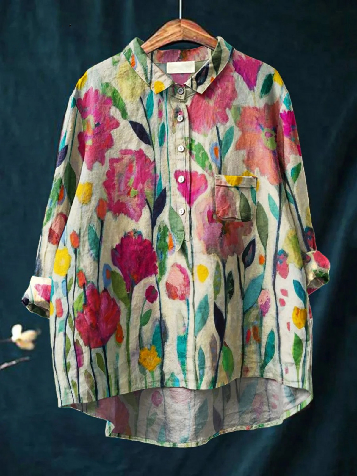 Watercolor Floral Print Long Sleeve Button Up Blouse