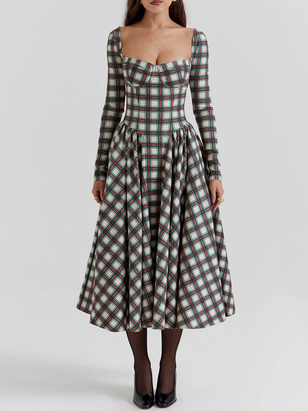 Tartan Sweetheart Long Sleeve Corset Fit and Flare Midi Dress - View 6