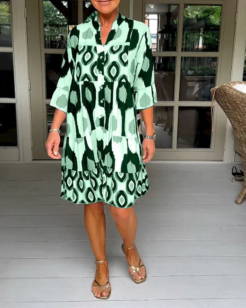 Abstract Geometric Print V-Neck Button Front Tiered Midi Dress - View 7