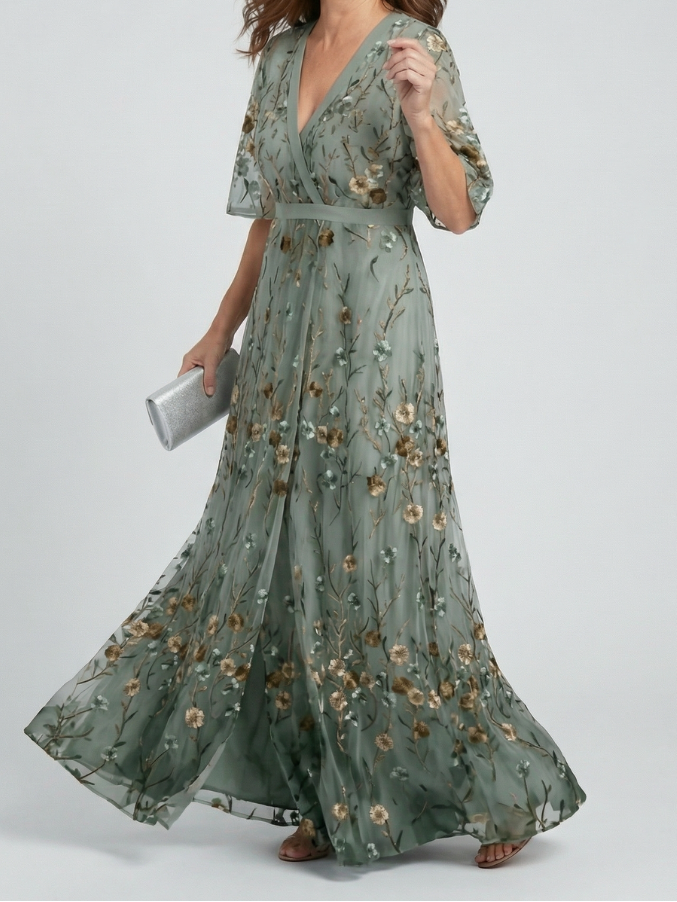 Floral Embroidered Deep V-Neck Flutter Sleeve Maxi Dress
