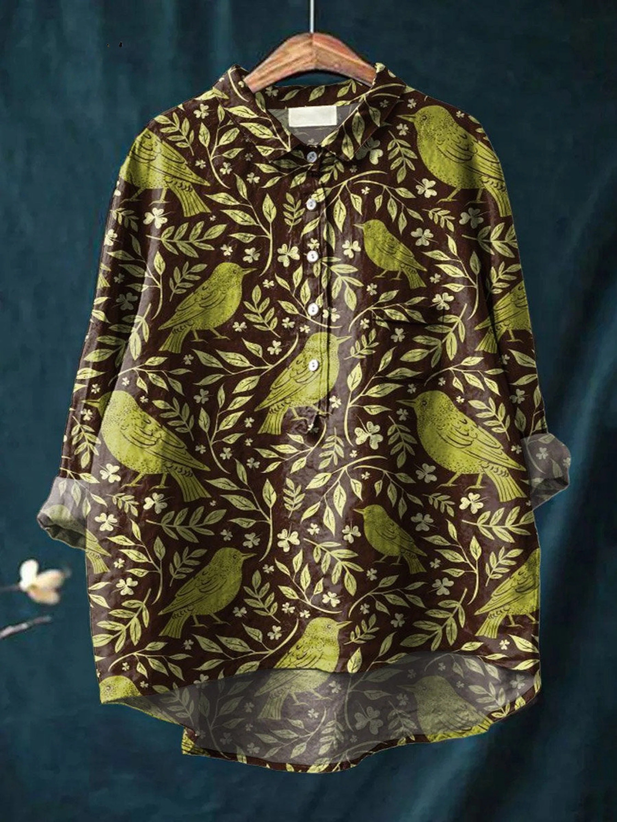 Birds Floral Print Collared Button Front Long Sleeve Shirt