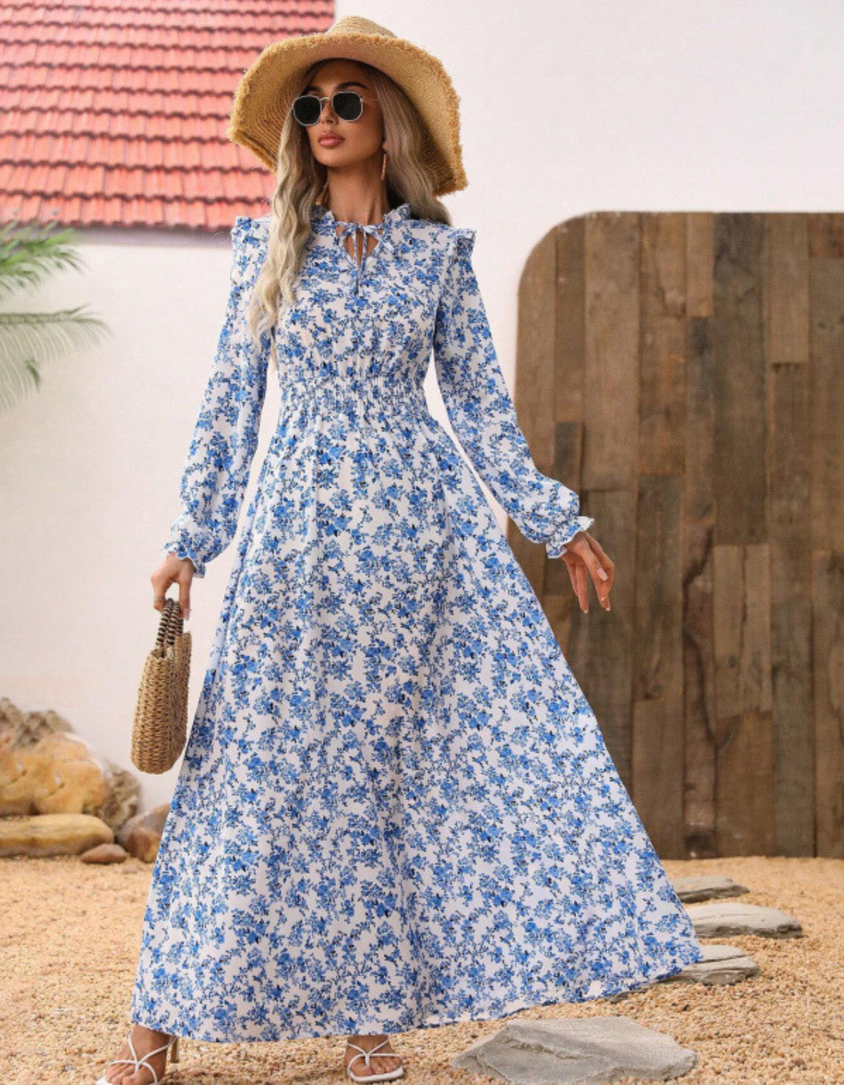 Ditsy Floral Keyhole Long Sleeve Smocked Waist Maxi Dress 4