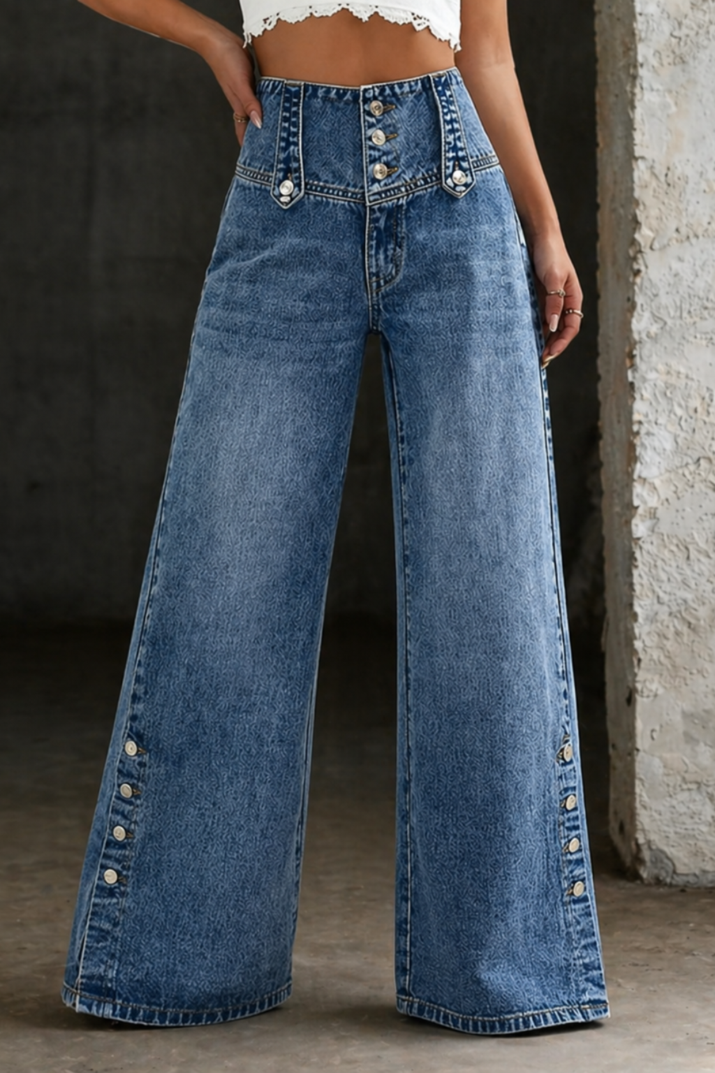 High Waist Button Front Wide Leg Flare Jeans 3