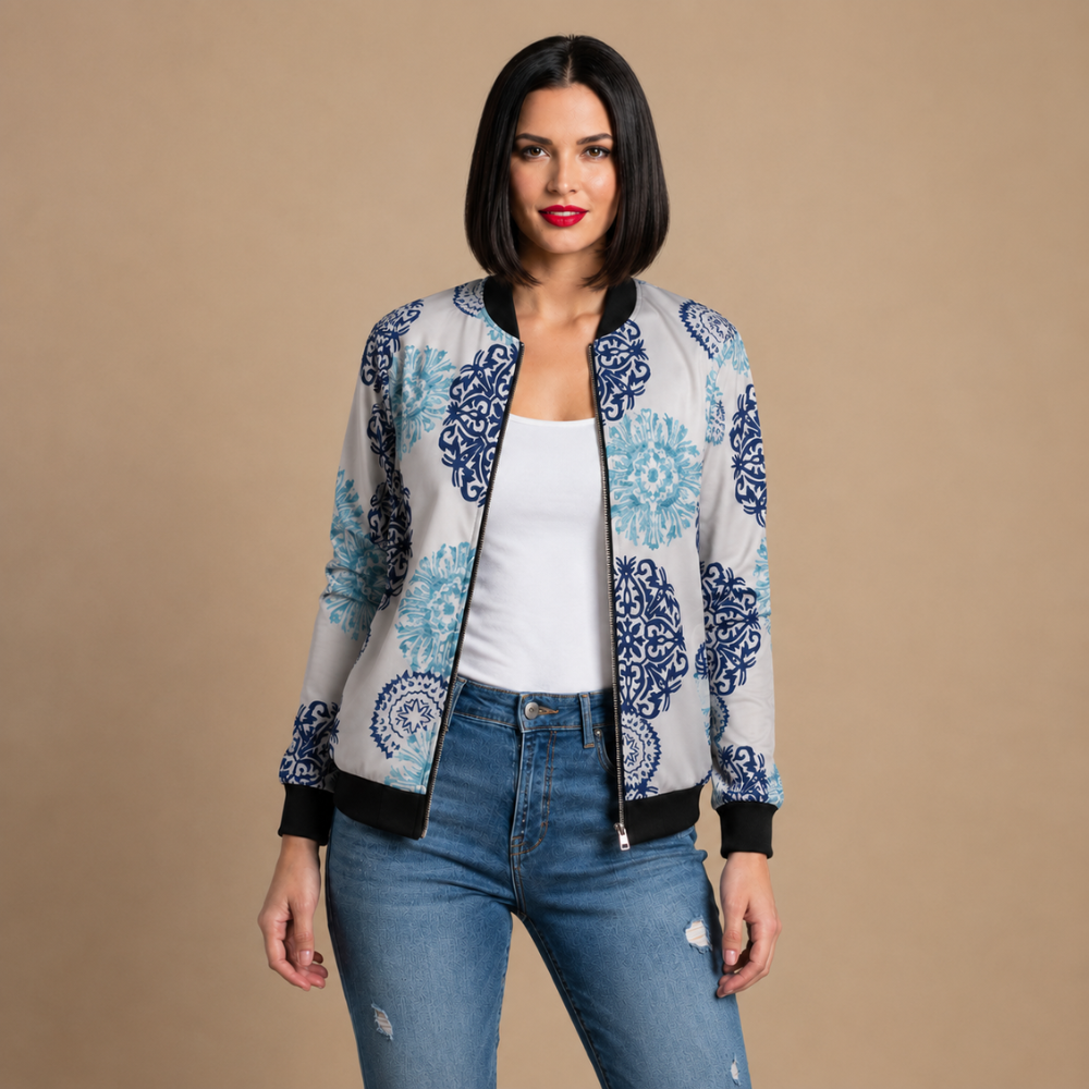 Cat and Music Print Zip Front Bomber Jacket 6