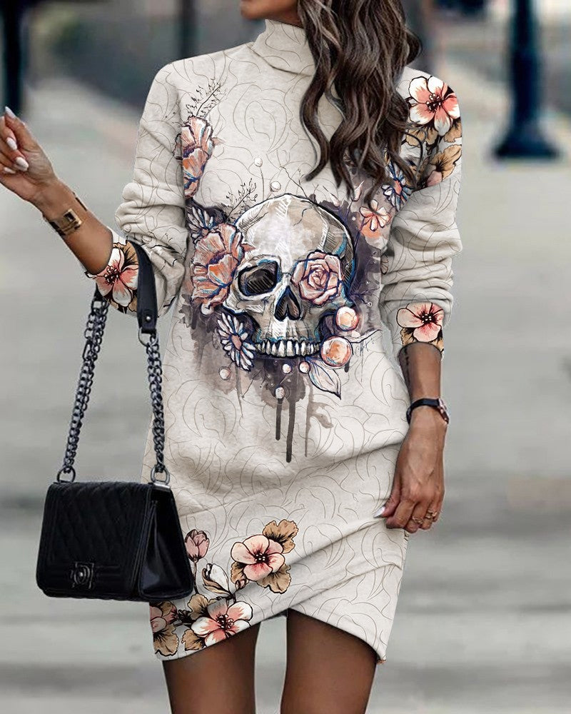 Mock Neck Long Sleeve Geometric Print Wrap Hem Bodycon Mini Dress - View 4