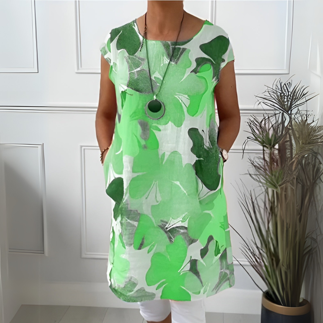 Watercolor Floral Round Neck Short Sleeve Tunic Dress 4