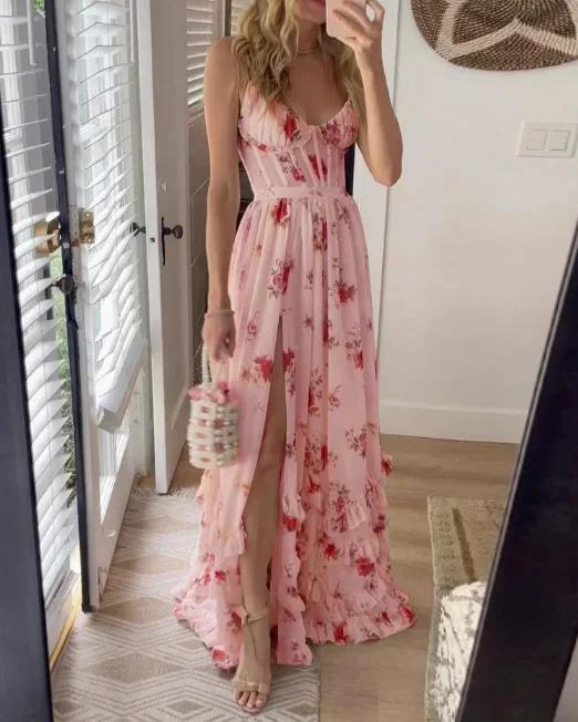 Floral Print Spaghetti Strap Sweetheart Corset Bodice Midi Dress - View 4