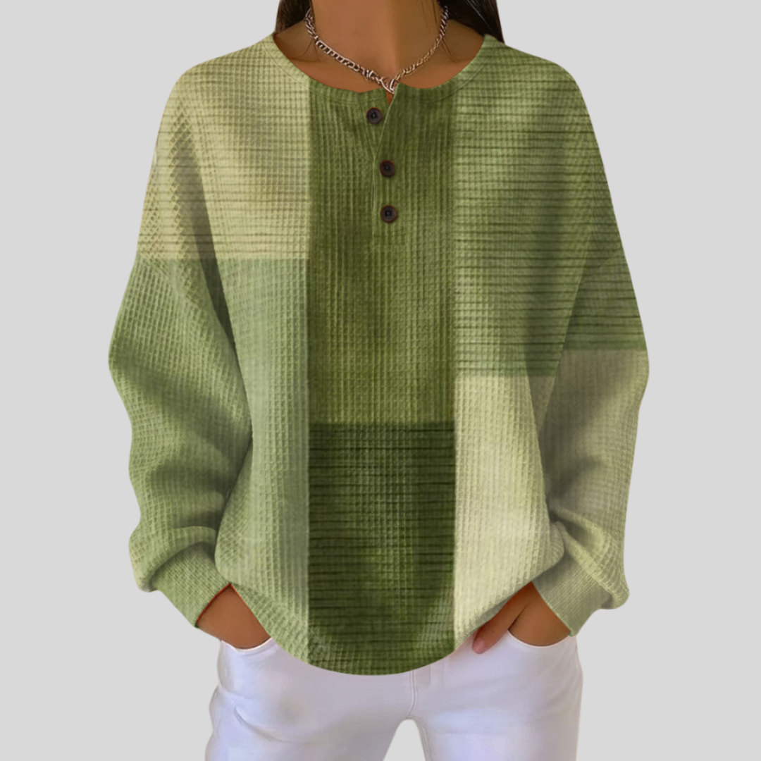 Plaid Check Print Waffle Knit Button Long Sleeve Henley Top