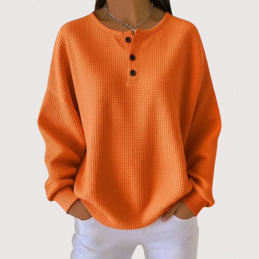 Waffle Knit Henley Button Long Sleeve Sweatshirt