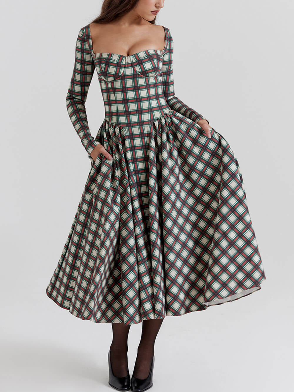 Tartan Sweetheart Long Sleeve Corset Fit and Flare Midi Dress - View 3