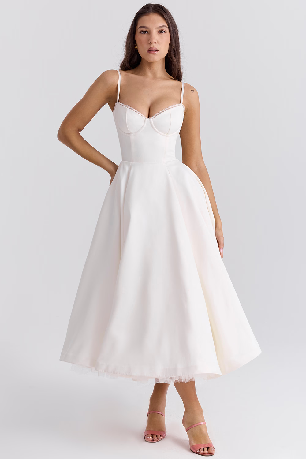 Satin Bustier Sweetheart Lace Trim Pleated Fit and Flare Midi Dress - View 7