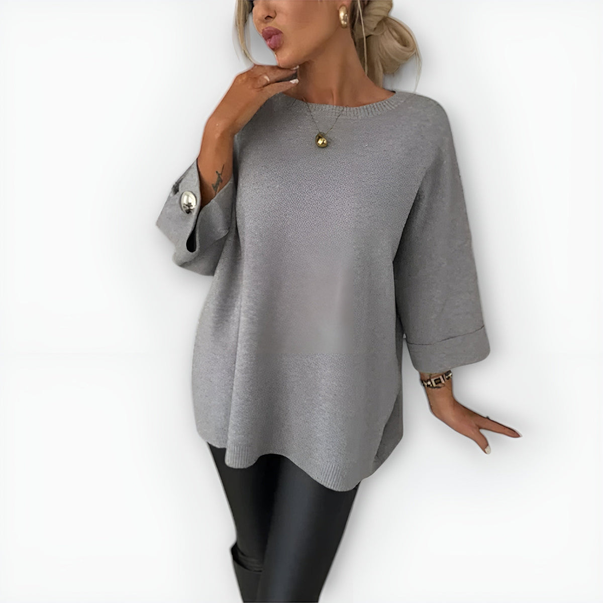 Round Neck Button Tab Sleeve Side Slit Oversized Sweater