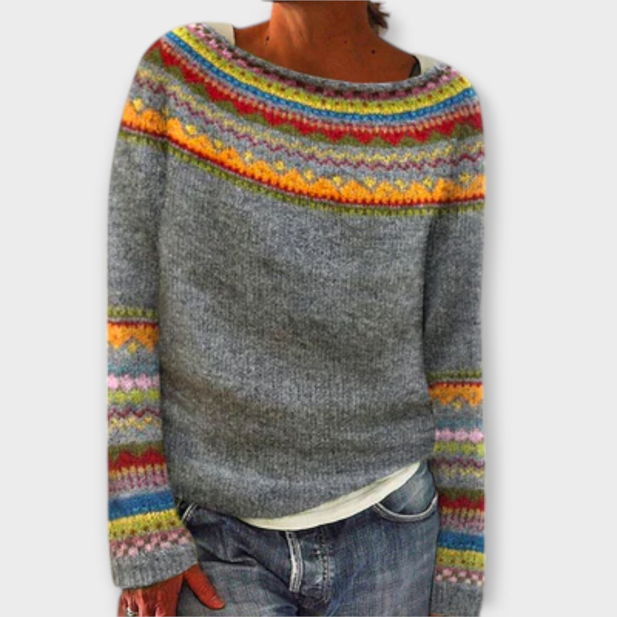 Fair Isle Boat Neck Long Sleeve Knit Sweater