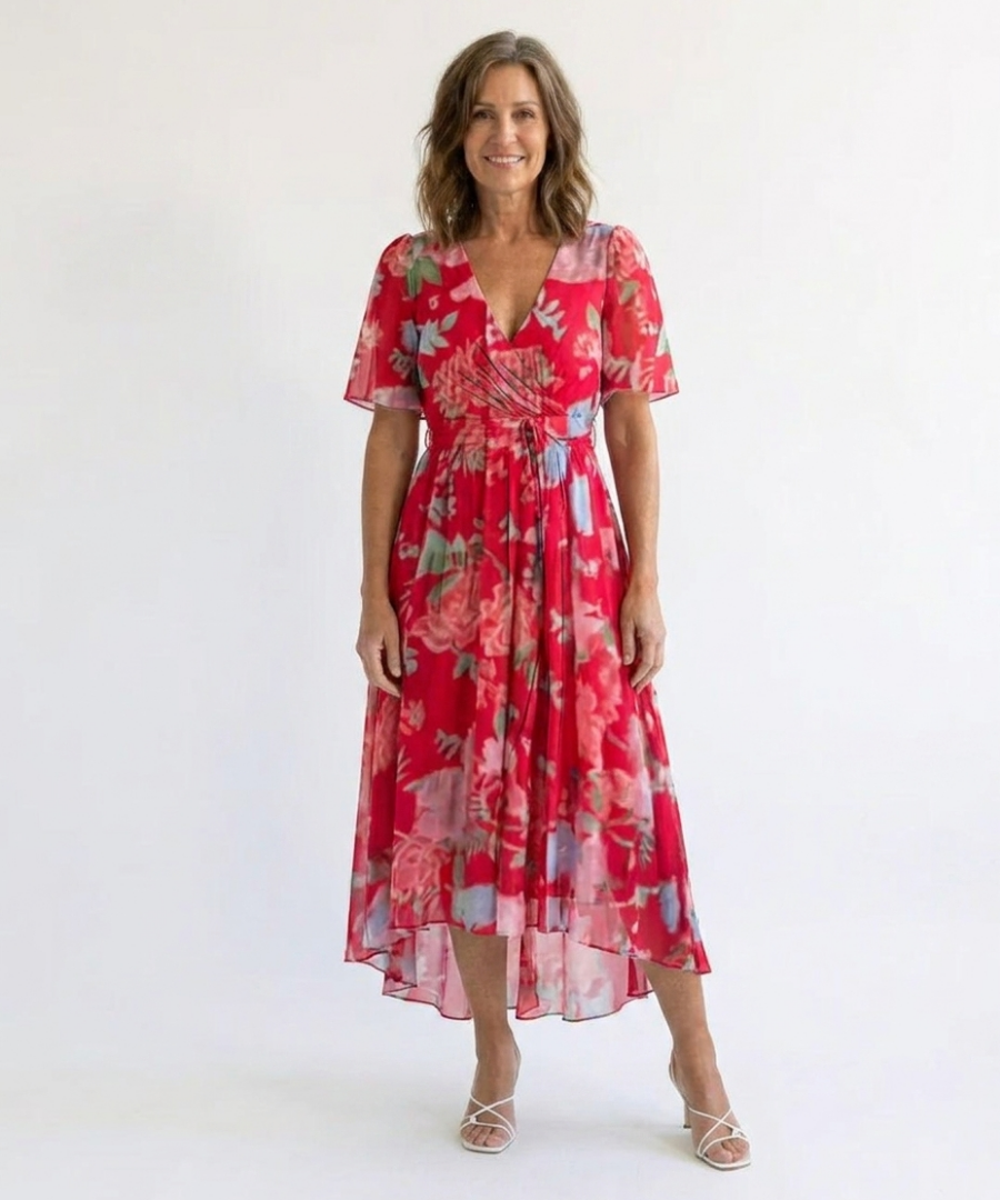 Floral V-Neck Flutter Sleeve Wrap High Low Midi Dress