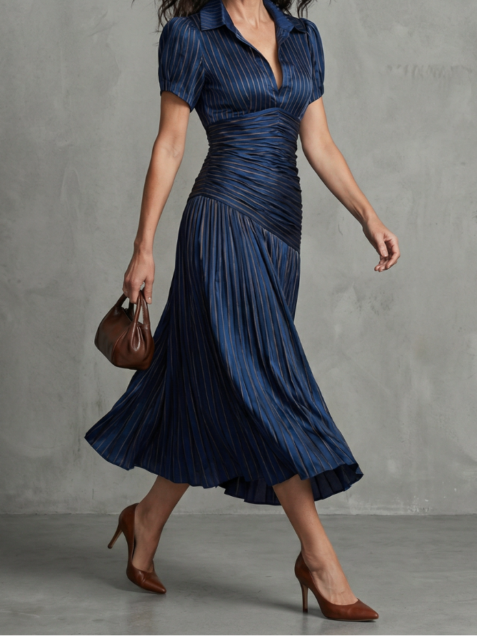 Striped Collared Short Sleeve Ruched Pleated Midi Dress