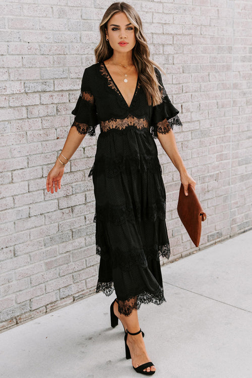 V-Neck Short Sleeve Lace Trim Tiered Boho Maxi Dress 8