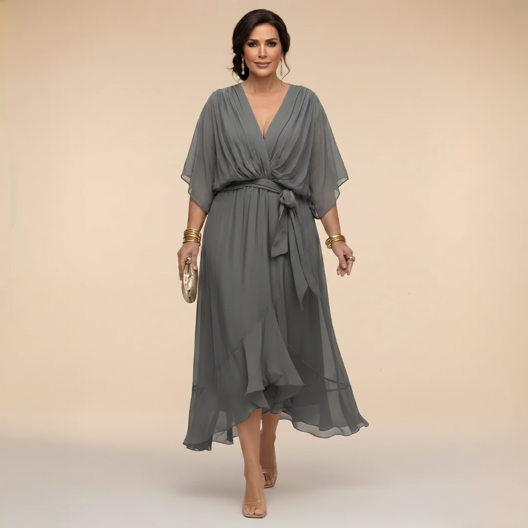 Deep V-Neck Flutter Sleeve Wrap Belted High Low Midi Dress 5
