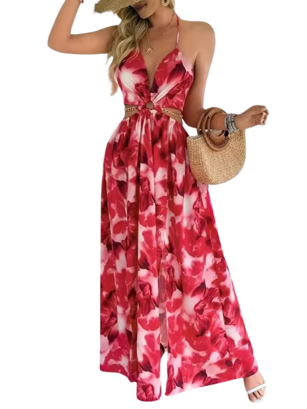 Tropical Floral Deep V-Neck Chain Waist High Split Maxi Dress 7