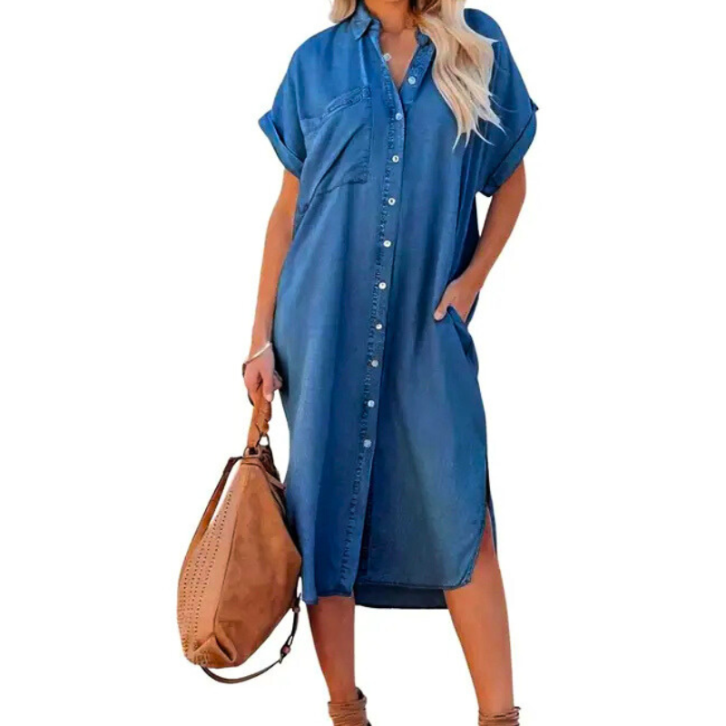 Denim Look Button Front Short Sleeve Midi Shirt Dress 2
