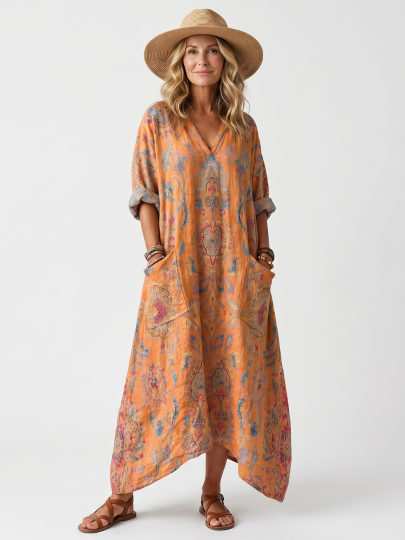 Paisley Print V-Neck Pocket Oversized Maxi Dress