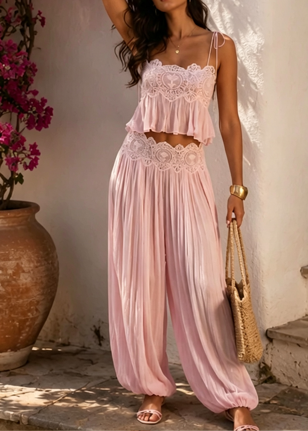 Lace Trim Ruffle Cami Top and Wide Leg Pants Two Piece Set 2