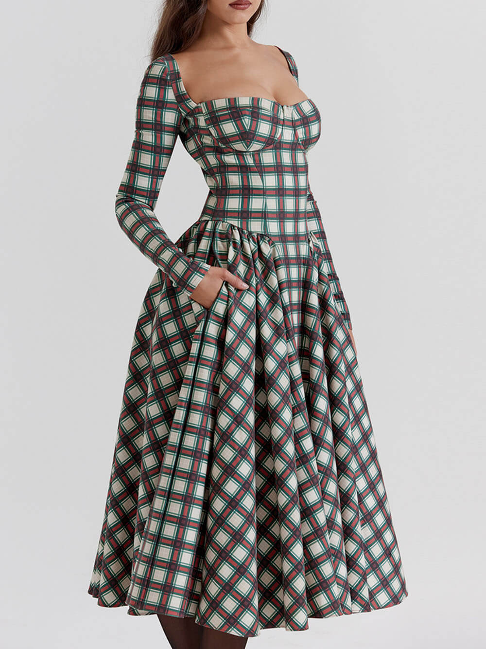 Tartan Sweetheart Long Sleeve Corset Fit and Flare Midi Dress - View 4