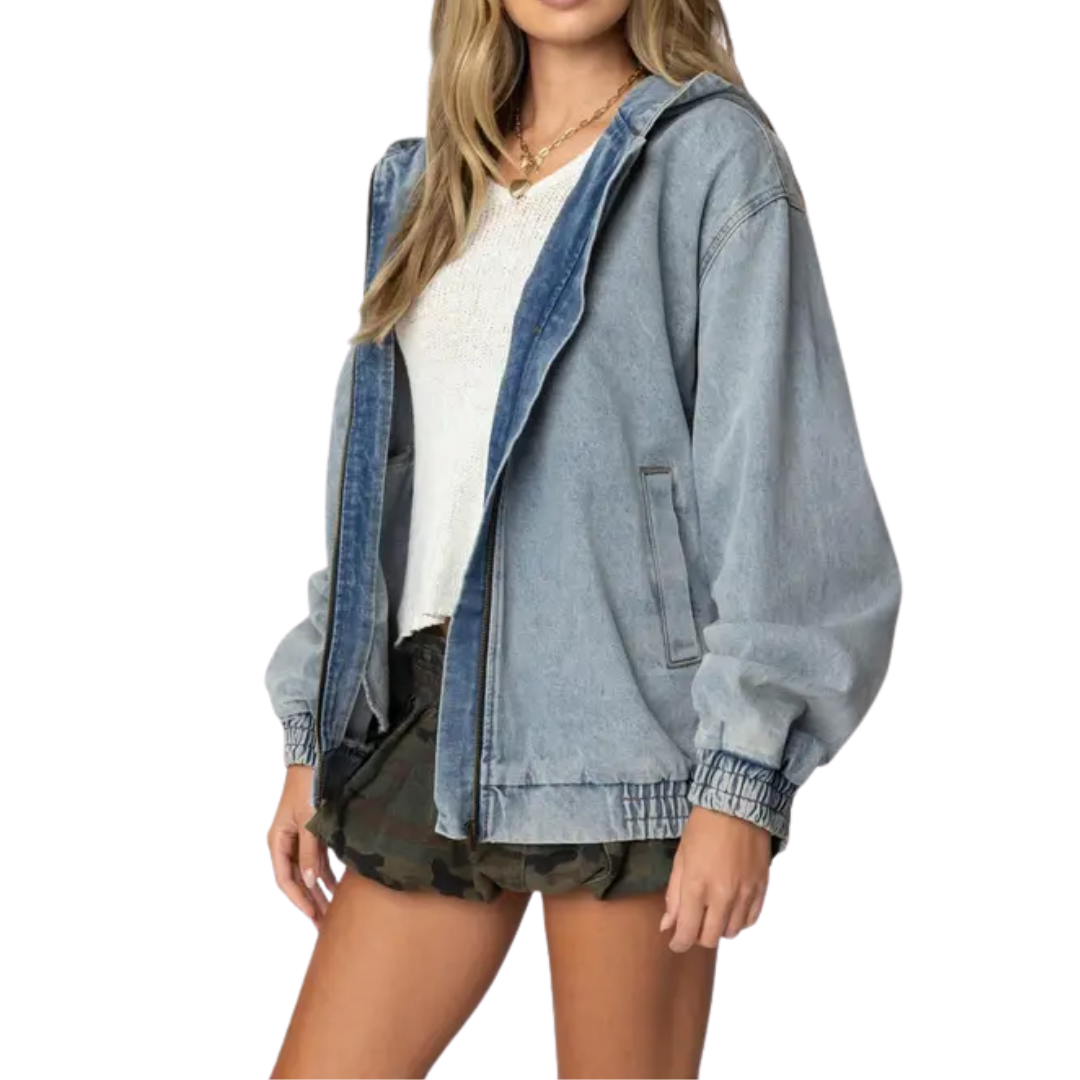 Oversized Hooded Zip Front Denim Jacket 2