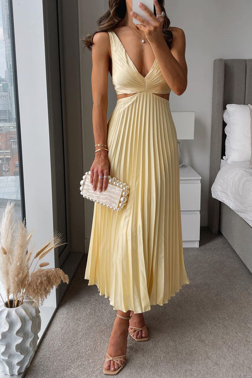 Deep V-Neck Cut Out Waist Pleated Midi Dress 2