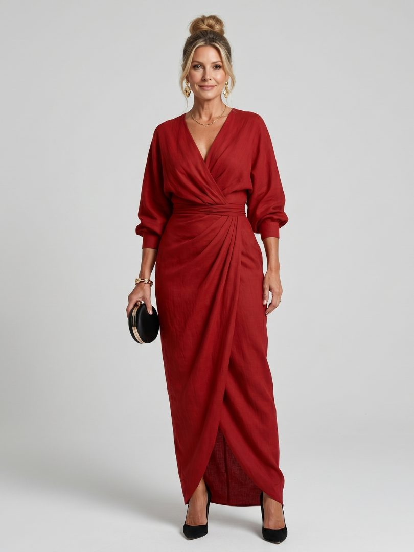 Wrap V-Neck Long Sleeve Ruched Draped Maxi Dress
