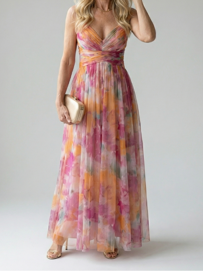 V-Neck Spaghetti Strap Floral Tulle Maxi Dress
