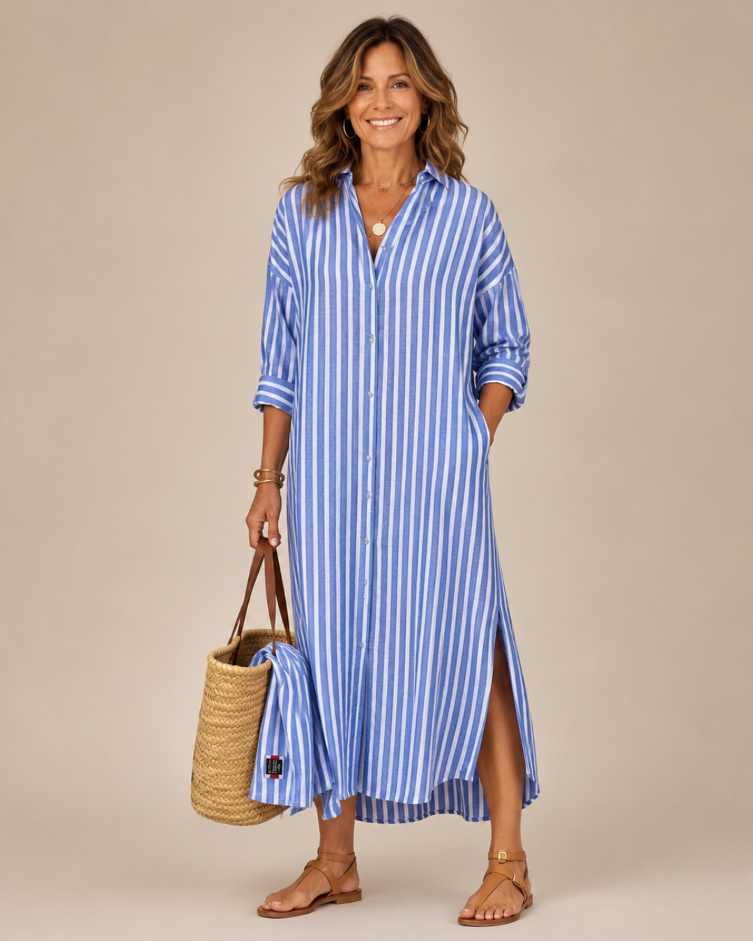 Striped Collared Button Front Long Sleeve Shirt Dress 2