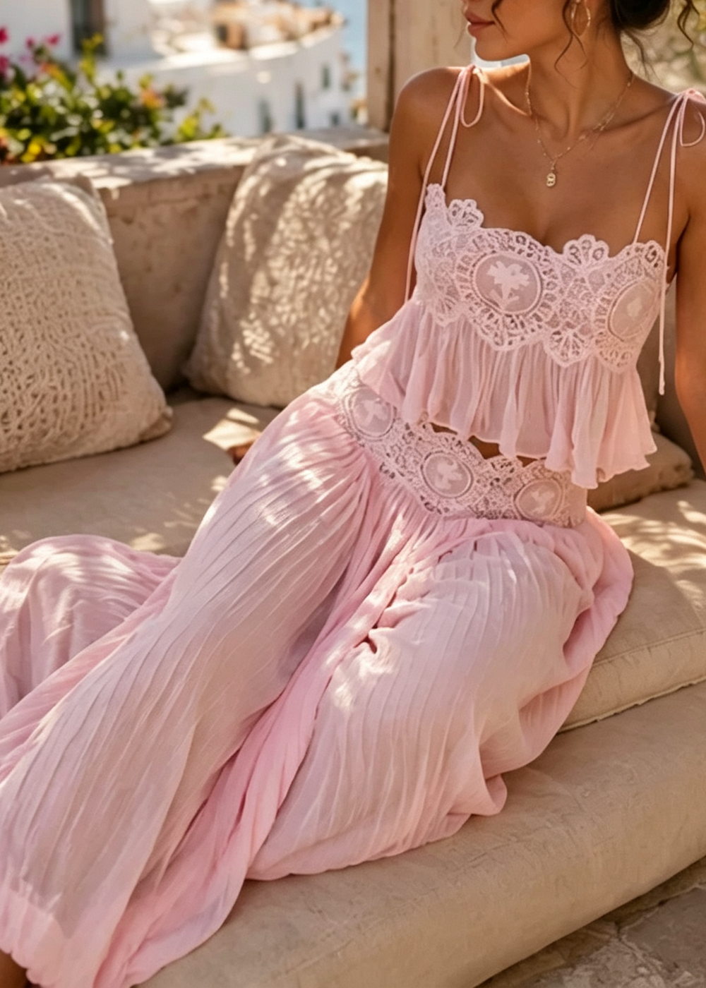 Lace Trim Ruffle Cami Top and Wide Leg Pants Two Piece Set 3