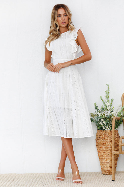 Eyelet Ruffle Sleeve Crew Neck Fit and Flare Midi Dress