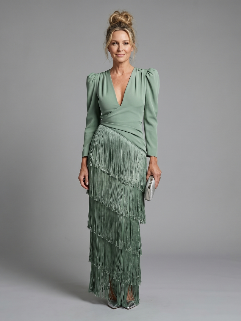 Deep V-Neck Long Sleeve Tiered Fringe Maxi Dress
