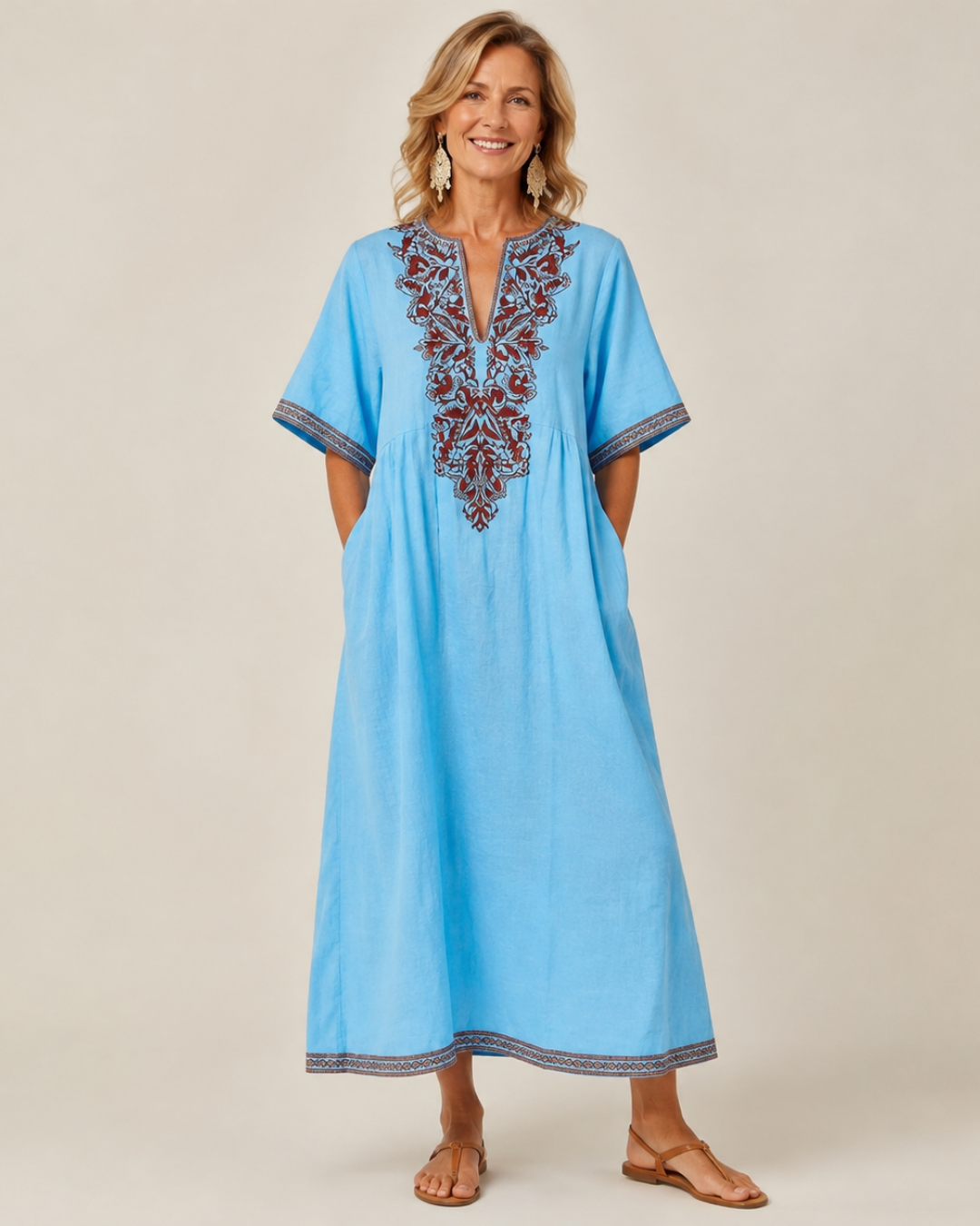 Floral Embroidery Notch Neck Short Sleeve Linen Look Kaftan Maxi Dress 4