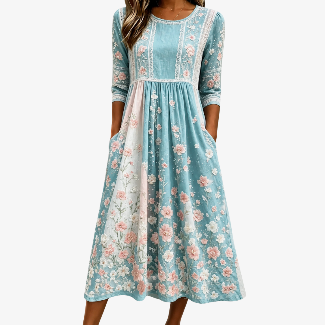 Floral Print Lace Trim Round Neck Pocket Midi Dress